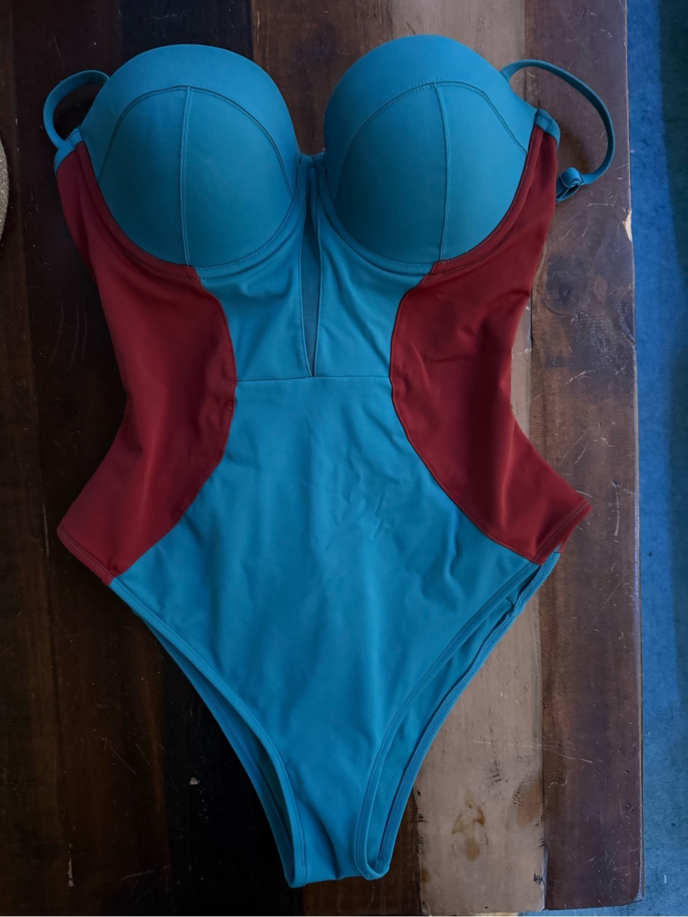 Turquoise and Brick Red One-Piece Swimsuit with Molded Cups